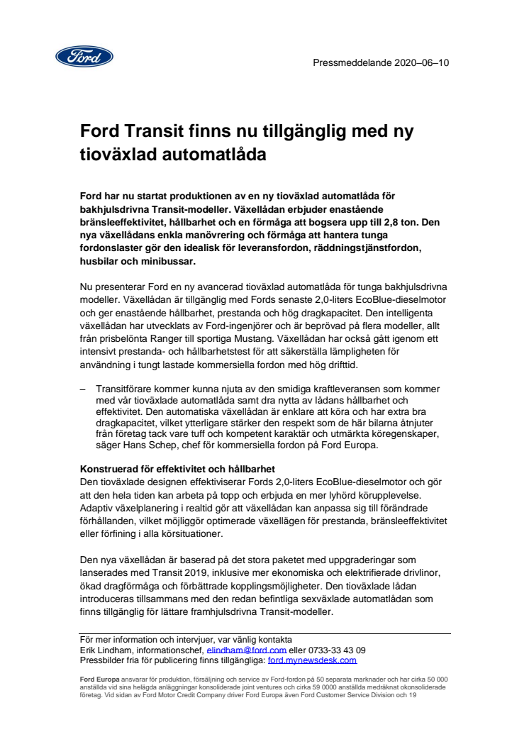 Ford Transit finns nu tillgänglig med ny tioväxlad automatlåda 