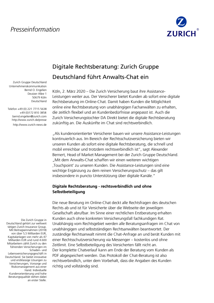 Digitale Rechtsberatung: Zurich Gruppe Deutschland führt Anwalts-Chat ein