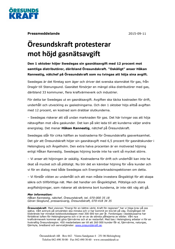 Öresundskraft protesterar mot höjd gasnätsavgift