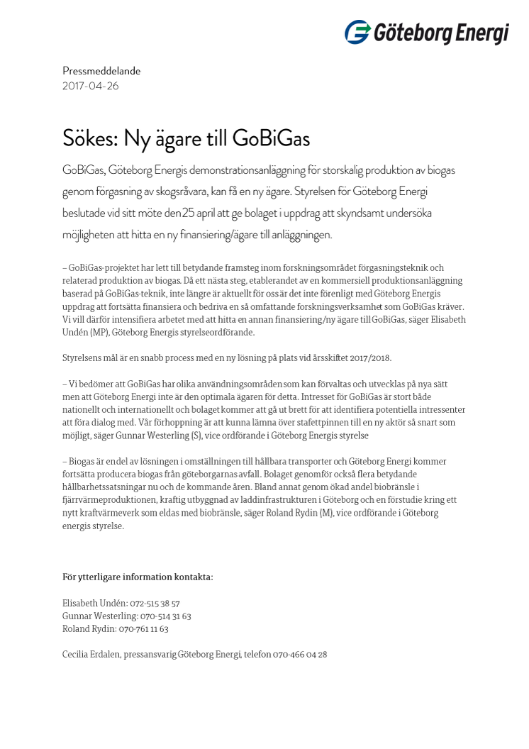 Sökes: Ny ägare till GoBiGas