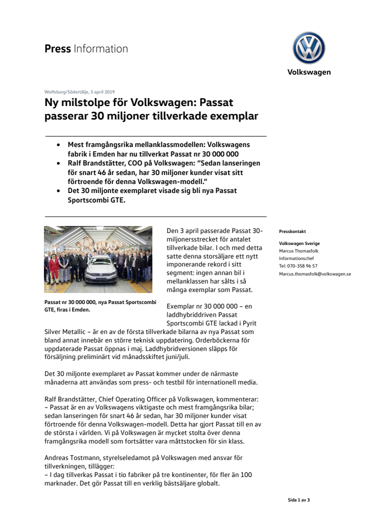 Ny milstolpe för Volkswagen: Passat passerar 30 miljoner tillverkade exemplar
