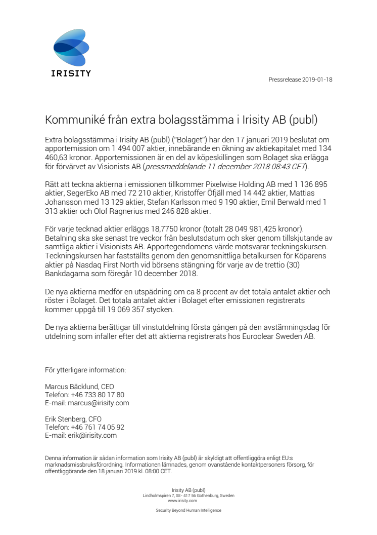 Kommuniké från extra bolagsstämma i Irisity AB (publ) 
