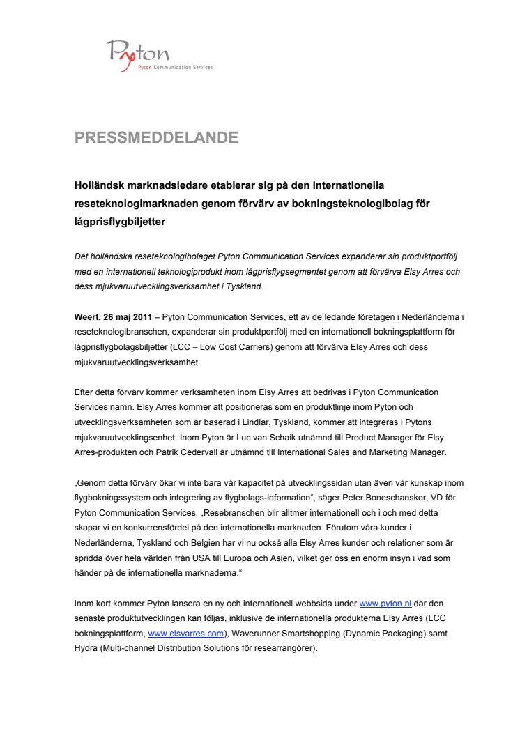 Holländsk marknadsledare etablerar sig på den internationella reseteknologimarknaden genom förvärv av bokningsteknologibolag för lågprisflygbiljetter