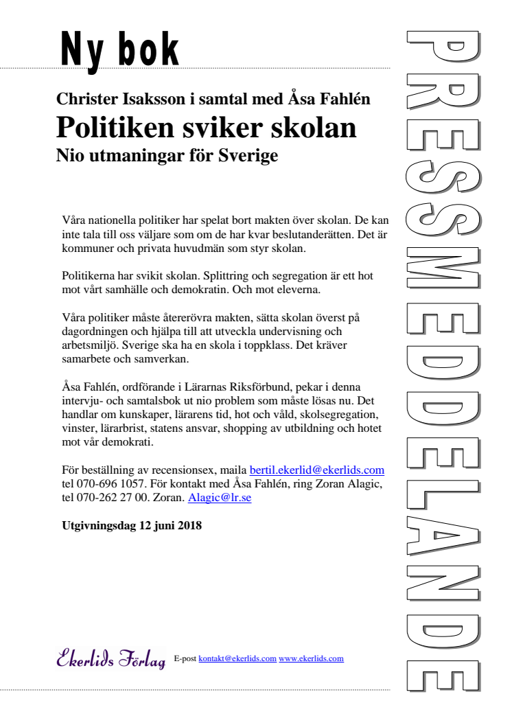 Ny bok: Politiken sviker skolan av Åsa Fahlén, Lärarnas Riksförbund