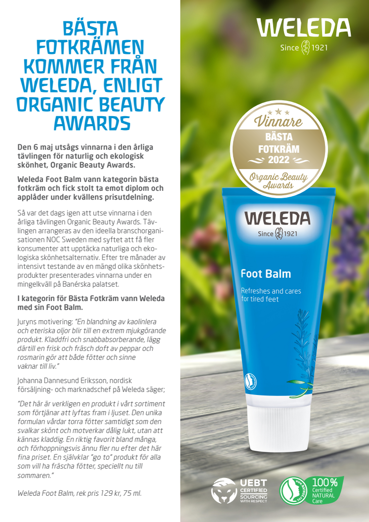 Bästa fotkrämen kommer från Weleda, enligt Organic Beauty Awards