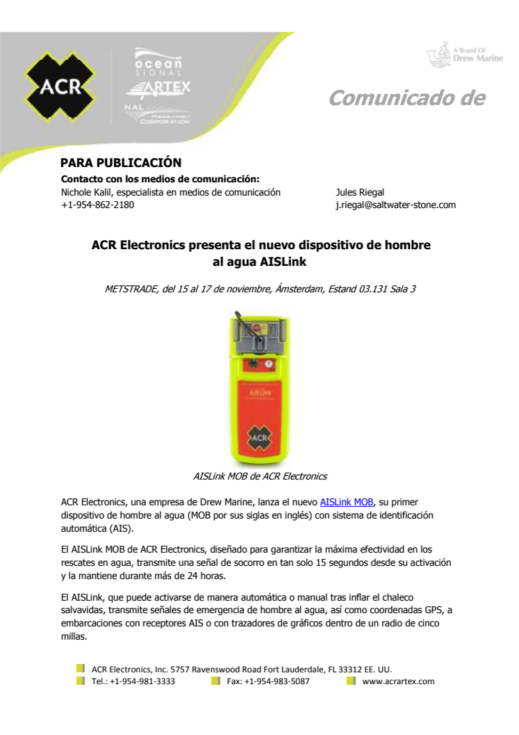ACR Electronics presenta el nuevo dispositivo de hombre al agua AISLink