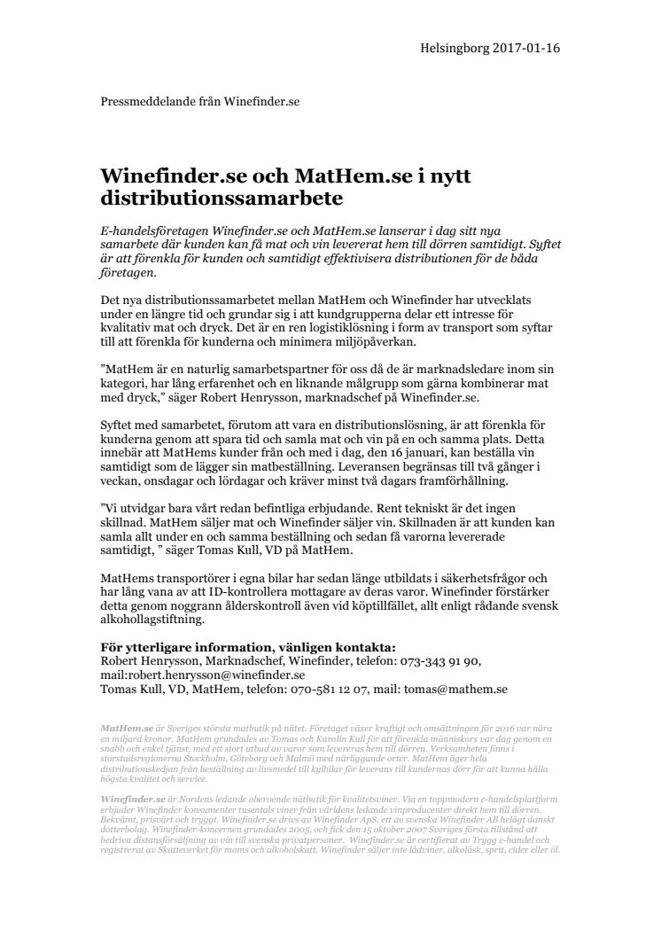​Winefinder.se och MatHem.se i nytt distributionssamarbete