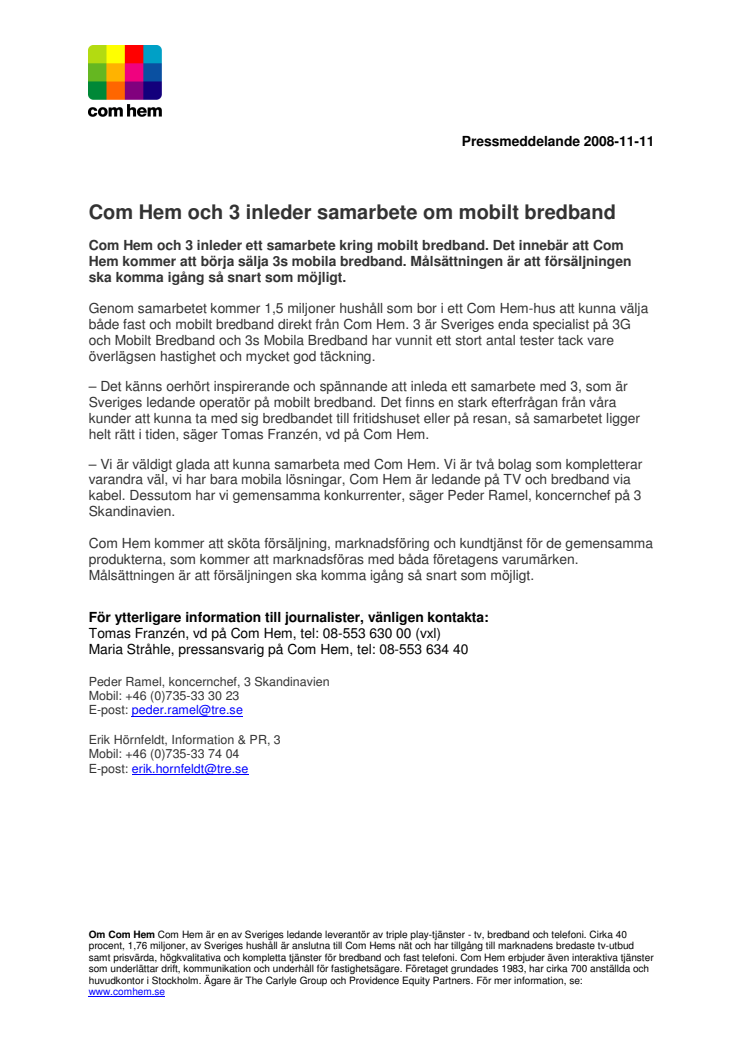 Com Hem och 3 inleder samarbete om mobilt bredband