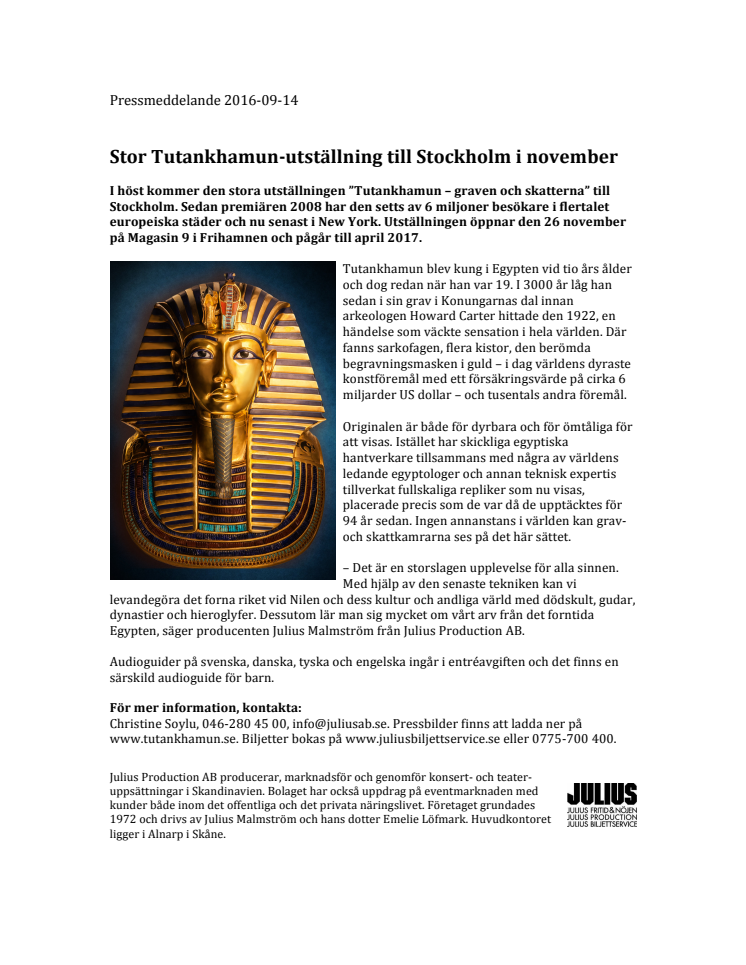 Tutankhamun-utställning öppnar i Stockholm i november