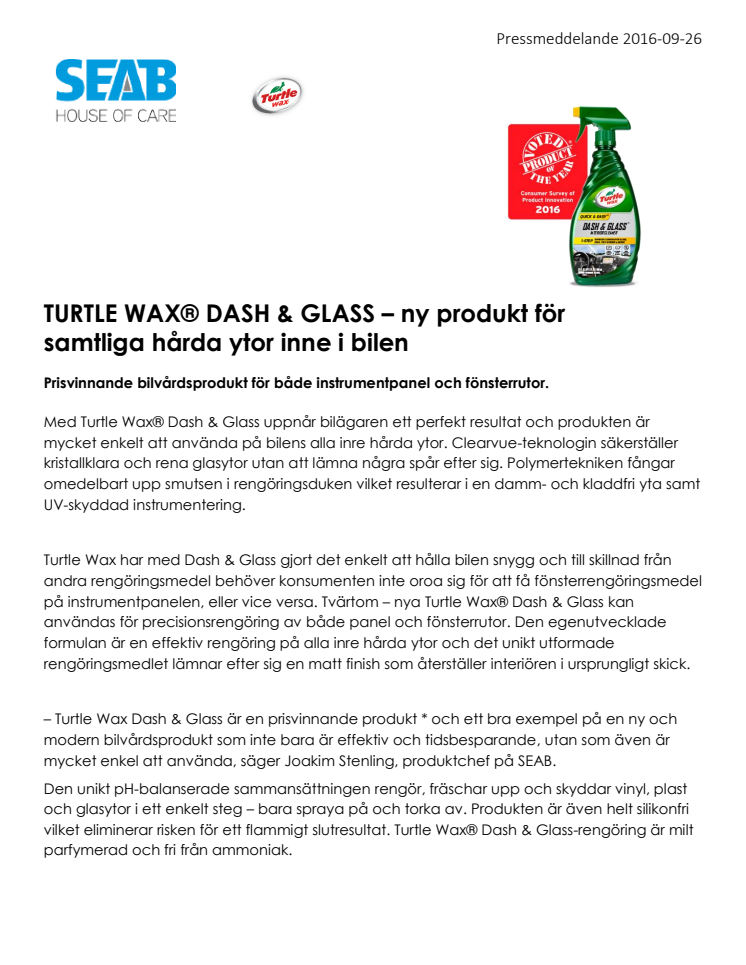 TURTLE WAX® DASH & GLASS – ny produkt för samtliga hårda ytor inne i bilen