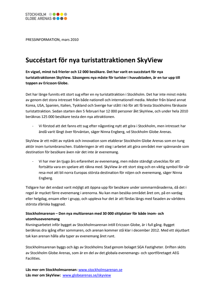 Succéstart för nya turistattraktionen SkyView