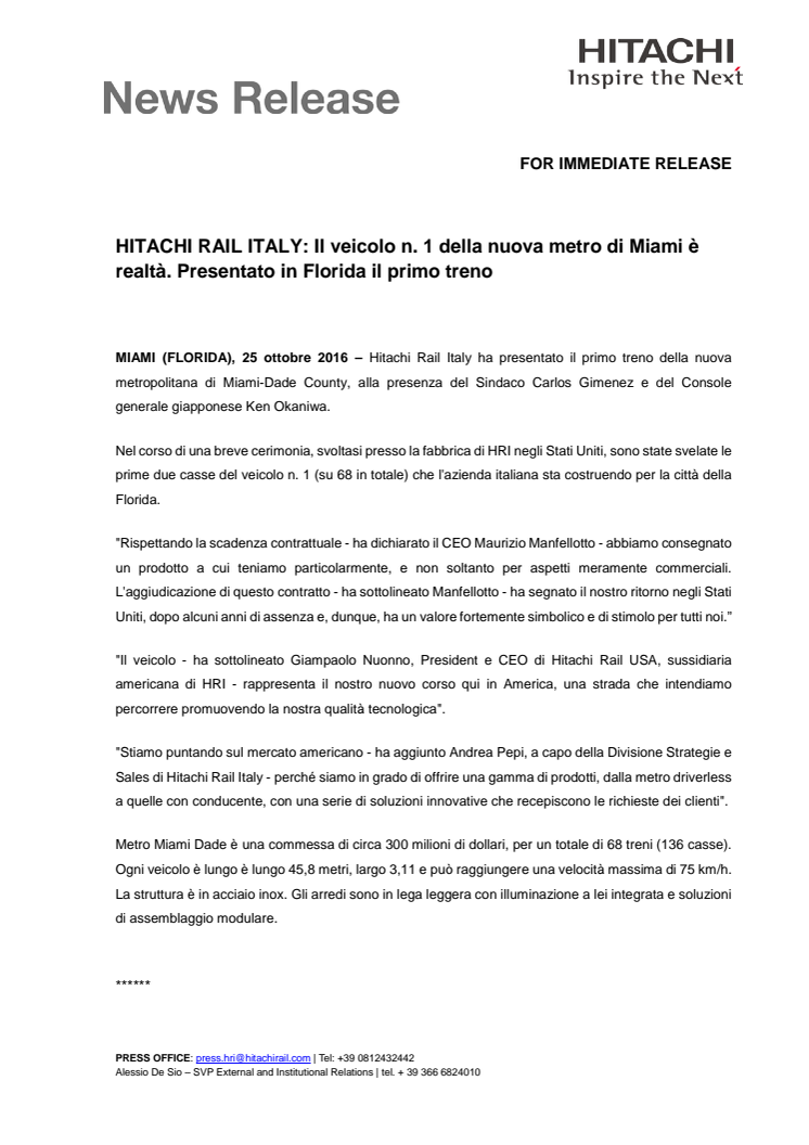 Hitachi Rail Italy: Il veicolo n.1 della nuova metro di Miami è realtà