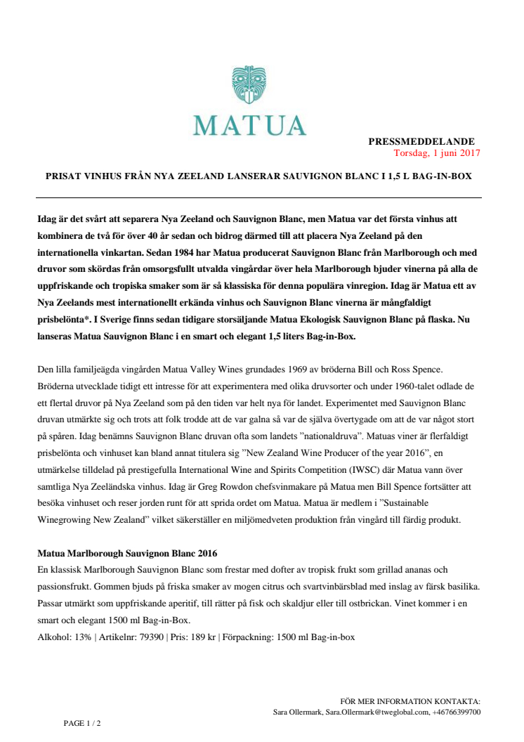 Matua Press Release
