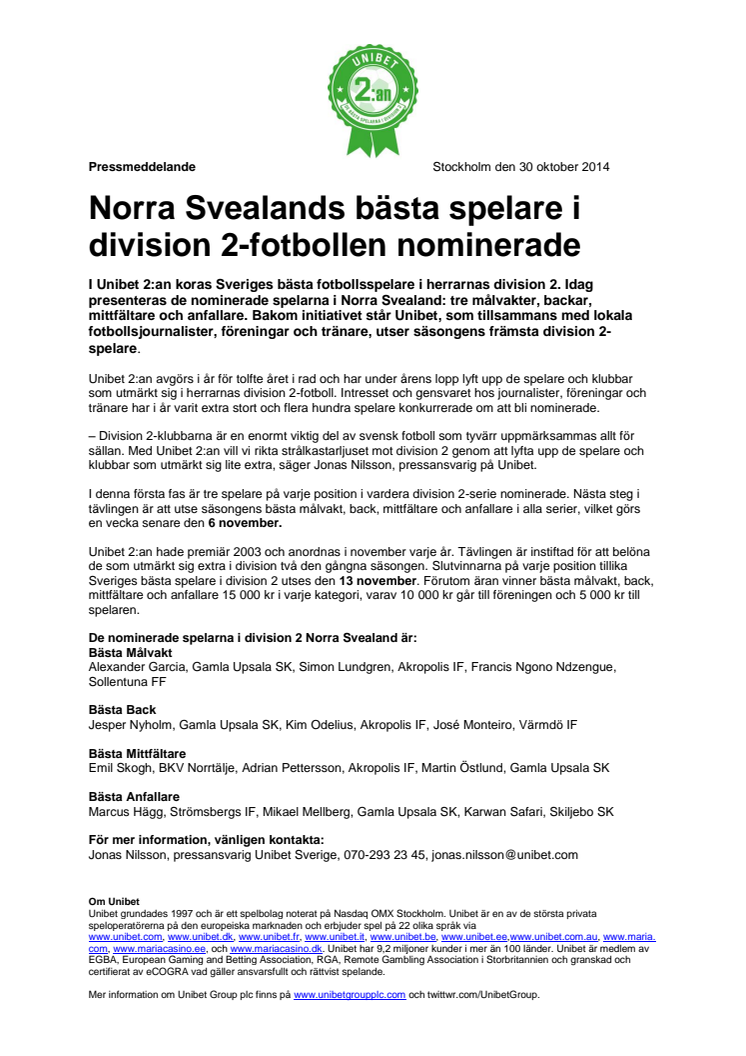 Norra Svealands bästa spelare i division 2-fotbollen nominerade