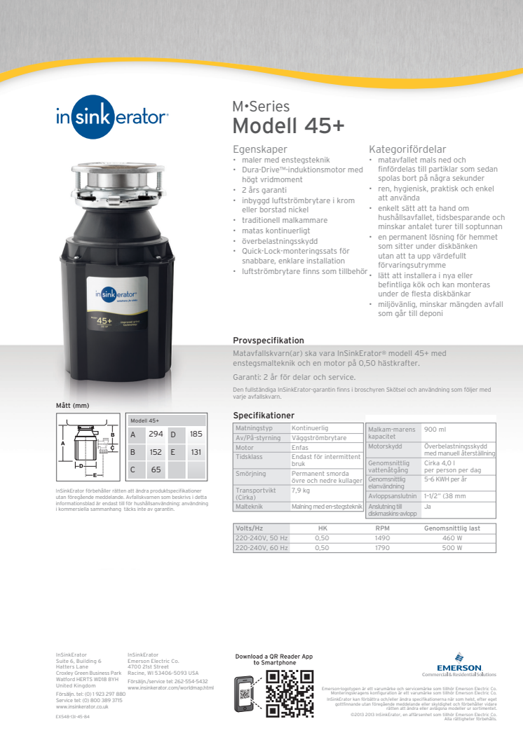 InSinkErator matavfallskvarn produktbroschyr modell 45