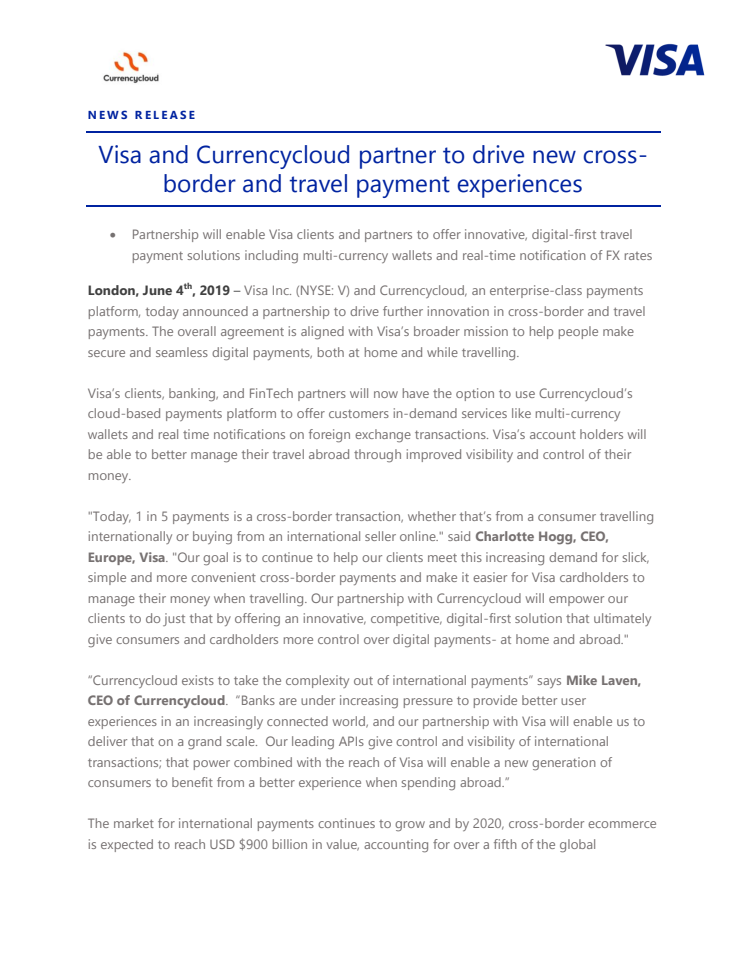 Visa and Currencycloud partner to drive new cross-border and travel payment experiences 