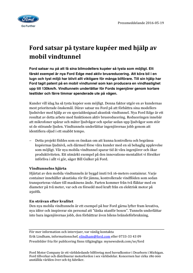 Ford satsar på tystare kupéer med hjälp av mobil vindtunnel