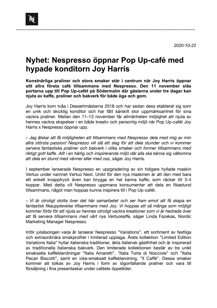 Nyhet: Nespresso öppnar Pop Up-café med hypade konditorn Joy Harris