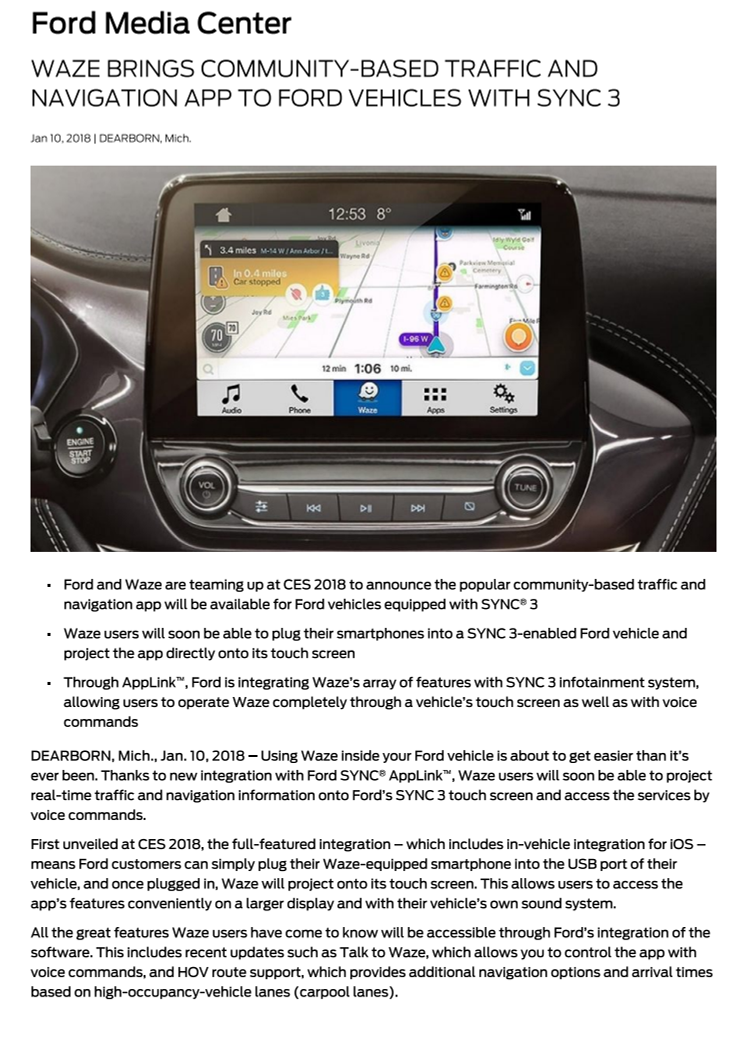 Ford integrerer Waze navigations og trafikapp i bilerne - CES 2018