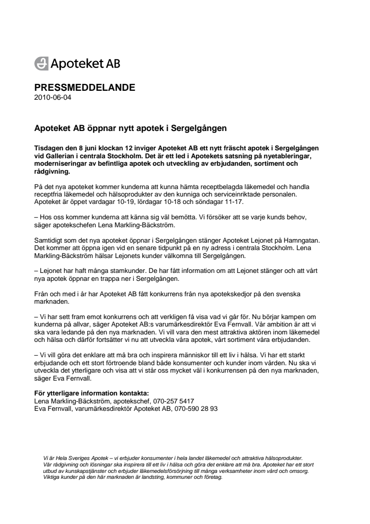 Apoteket AB öppnar nytt apotek i Sergelgången i centrala Stockholm
