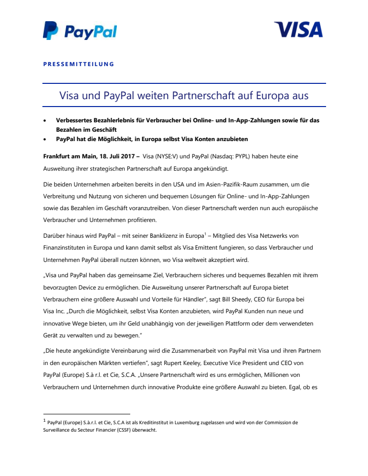 Visa und PayPal weiten Partnerschaft auf Europa aus