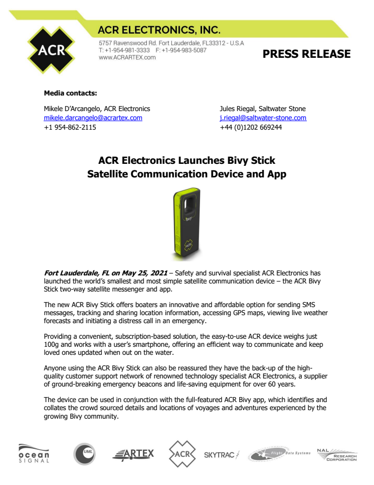 ACR Electronics Launches Bivy Stick Satellite Communication Device and App