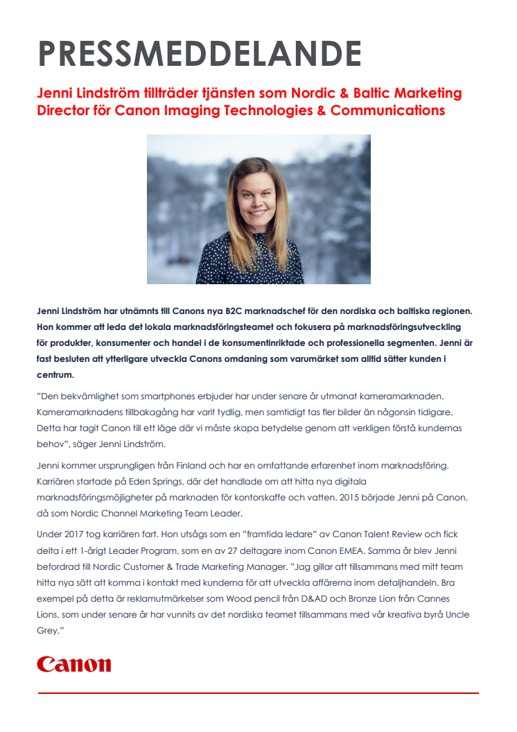 Jenni Lindström tillträder tjänsten som Nordic & Baltic Marketing Director för Canon Imaging Technologies & Communications
