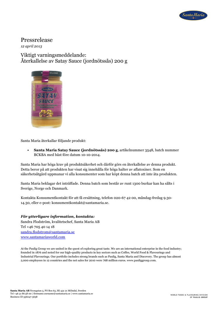Viktigt varningsmeddelande: Återkallelse av Satay Sauce (jordnötssås) 200 g