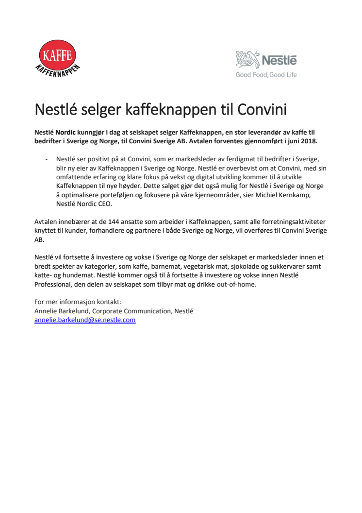 Nestlé selger Kaffeknappen til Convini