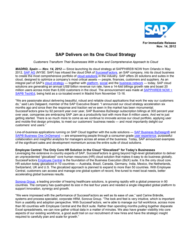 SAP levererar enligt sin One Cloud-strategi