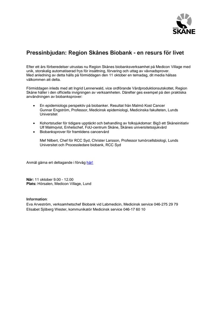 Pressinbjudan: Region Skånes Biobank - en resurs för livet