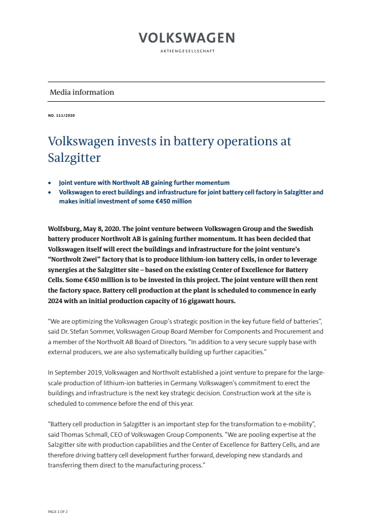 Volkswagen investerar i batteritillverkning i Salzgitter