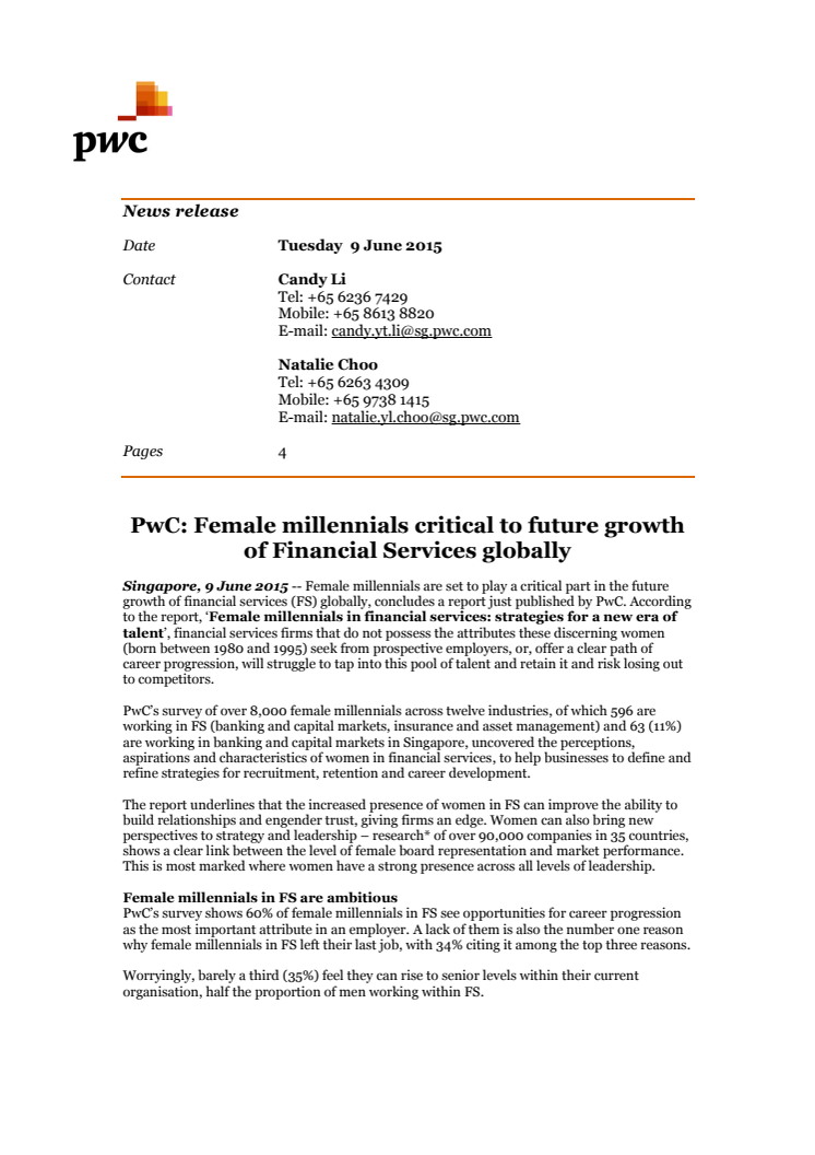 PwC: Female millennials critical to future growth of Financial Services globally