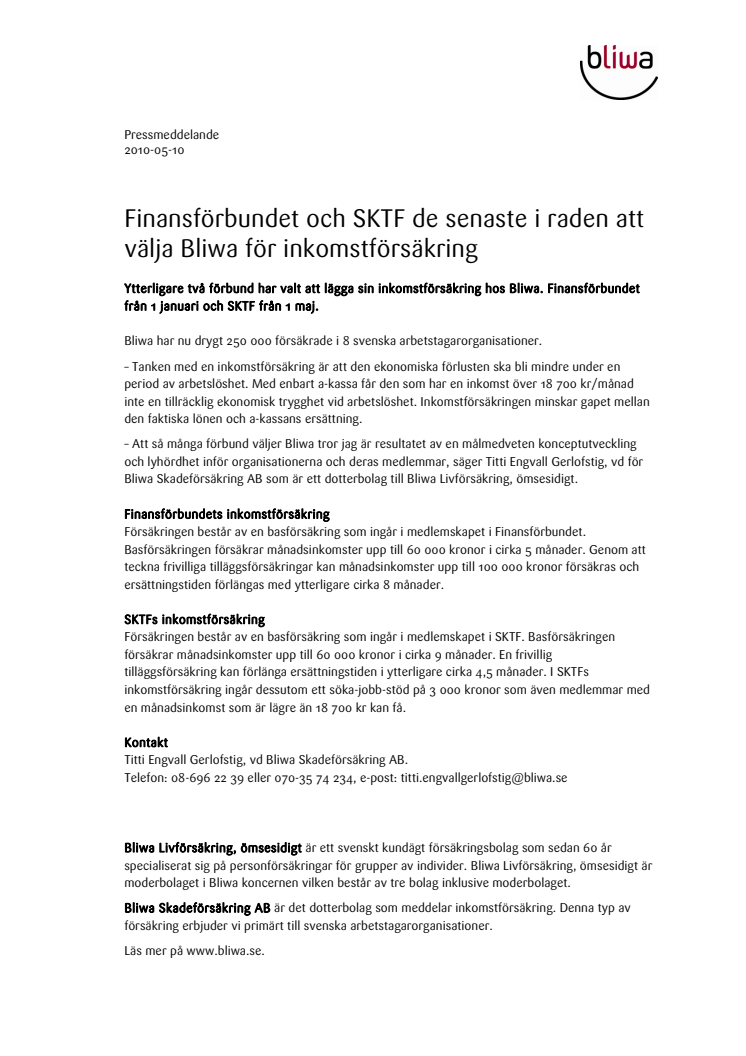 Finansförbundet och SKTF de senaste i raden att välja Bliwa för inkomstförsäkring