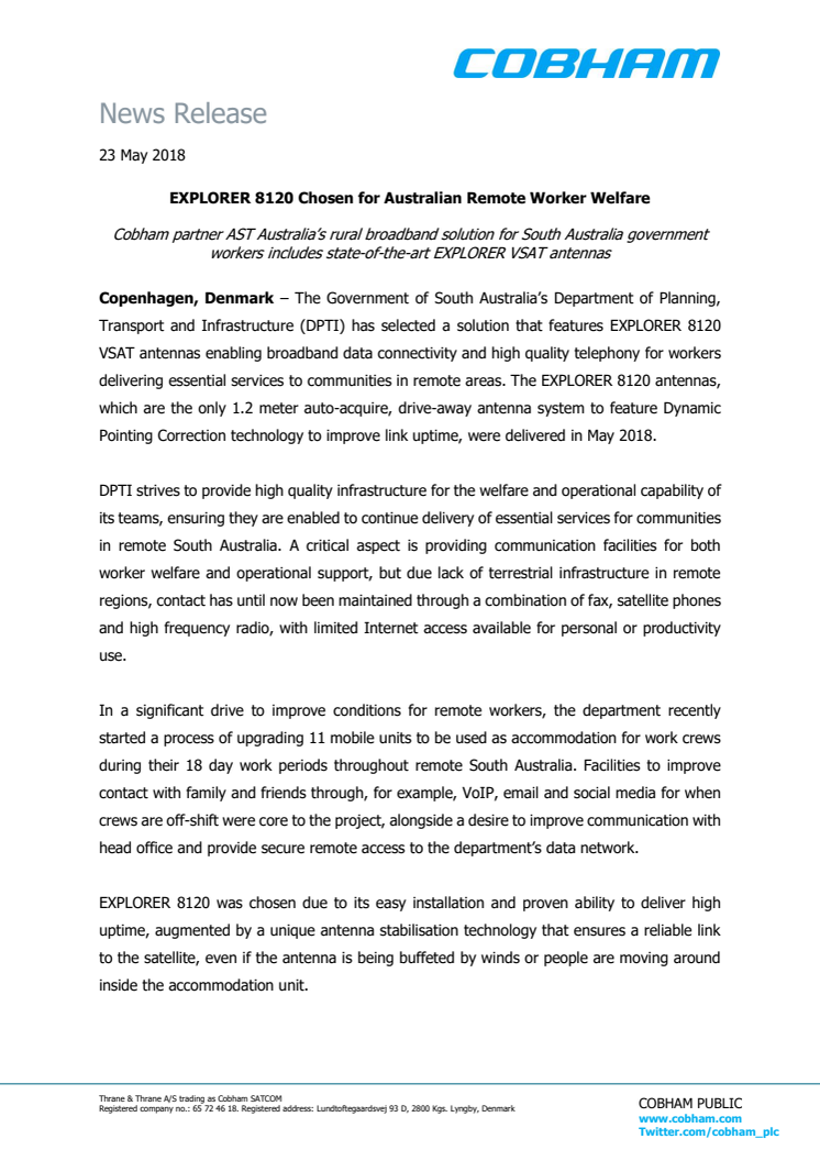 Cobham SATCOM: EXPLORER 8120 Chosen for Australian Remote Worker Welfare 