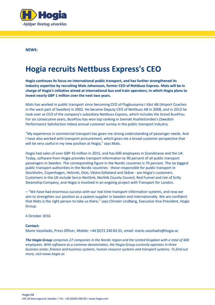 Hogia recruits Nettbuss Express's CEO