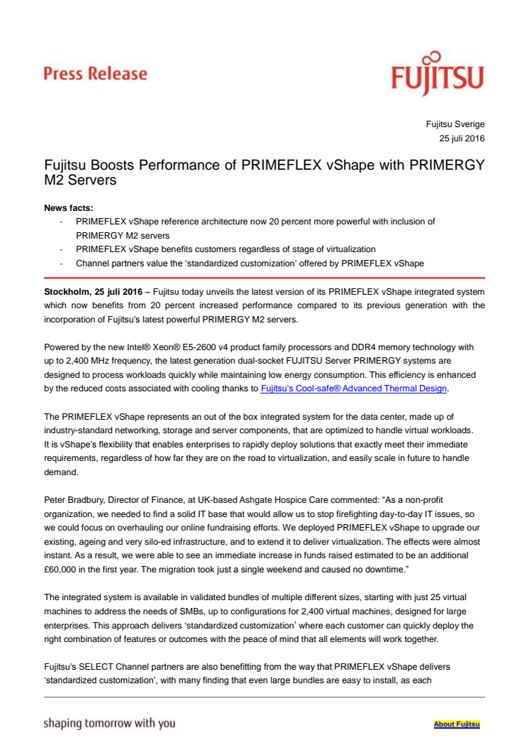 Fujitsu ökar prestandan på PRIMEFLEX vShape med PRIMERGY M2 Servers