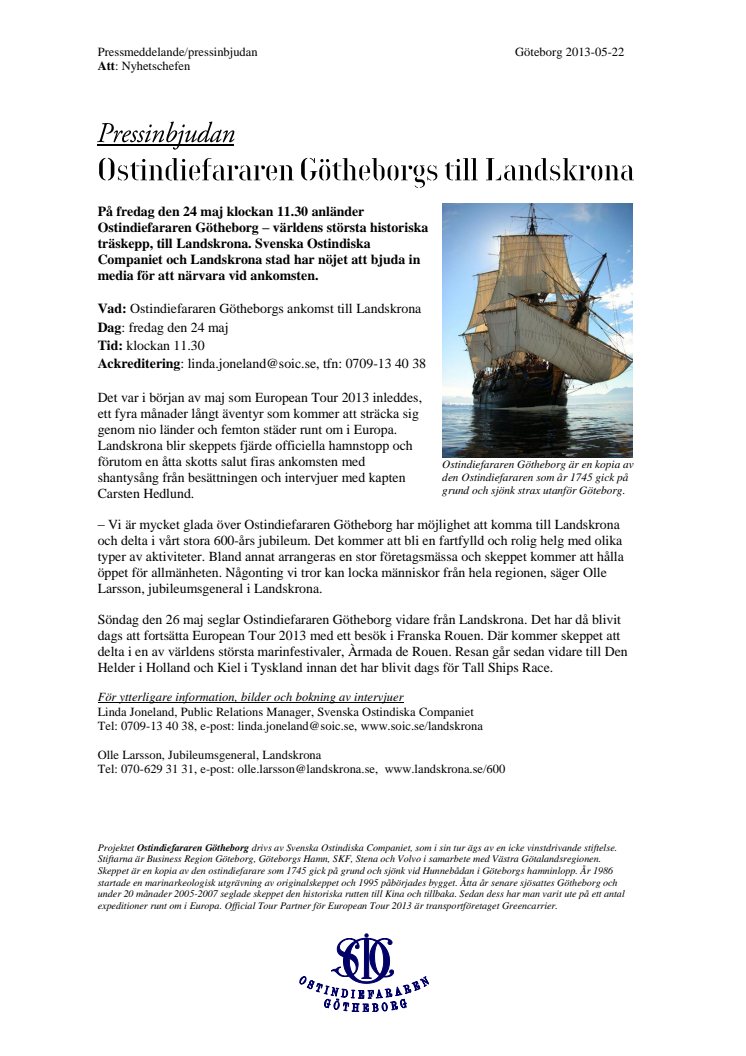 Pressinbjudan Ostindiefararen Götheborg till Landskrona                 
