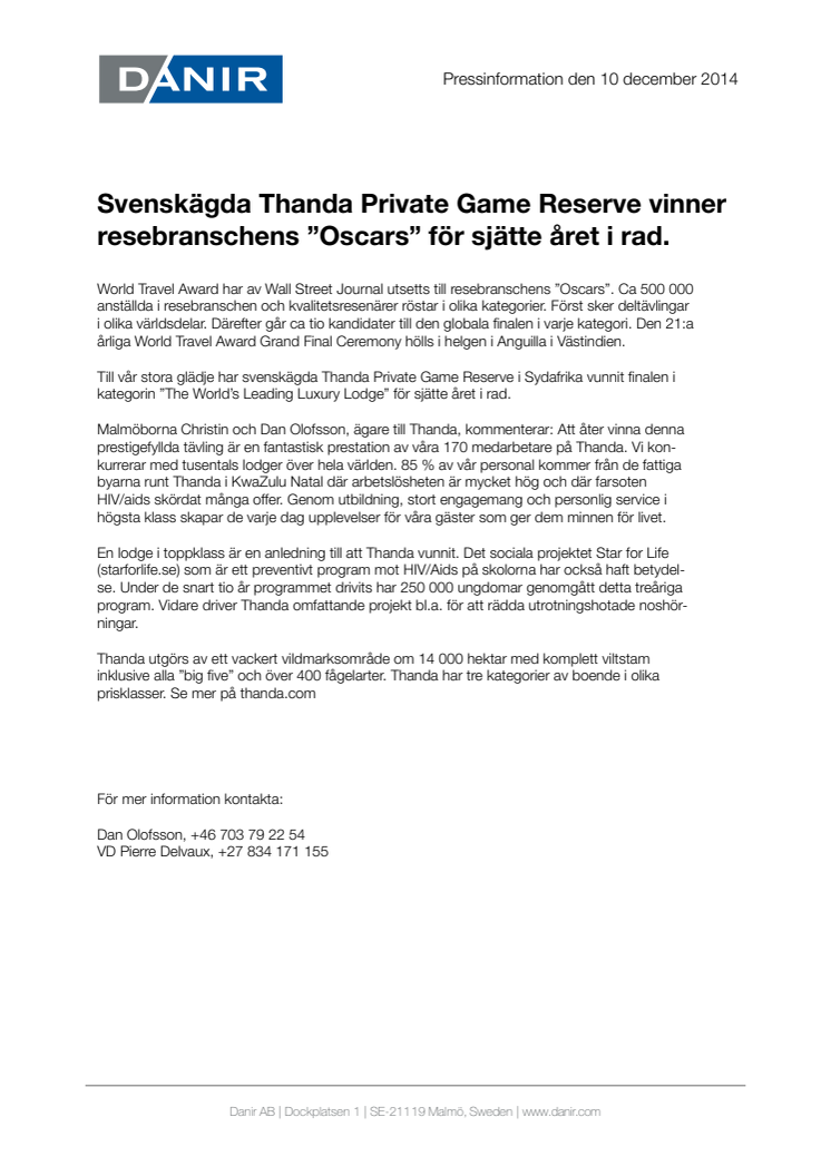 Svenskägda Thanda Private Game Reserve vinner resebranschens ”Oscars” för sjätte året i rad.