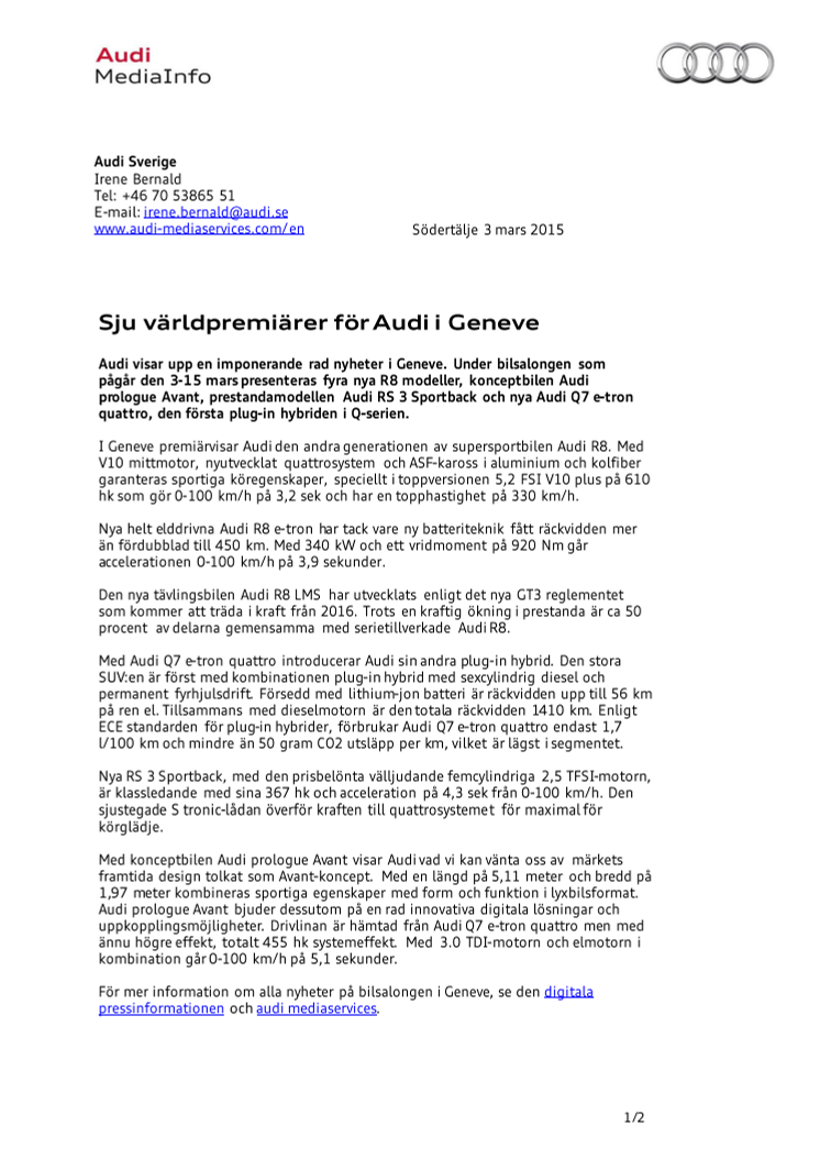 Sju världpremiärer för Audi i Geneve