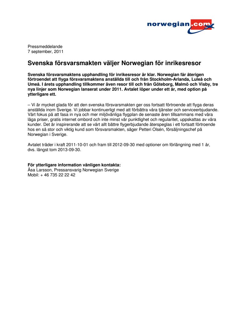 Svenska försvarsmakten väljer Norwegian för inrikesresor