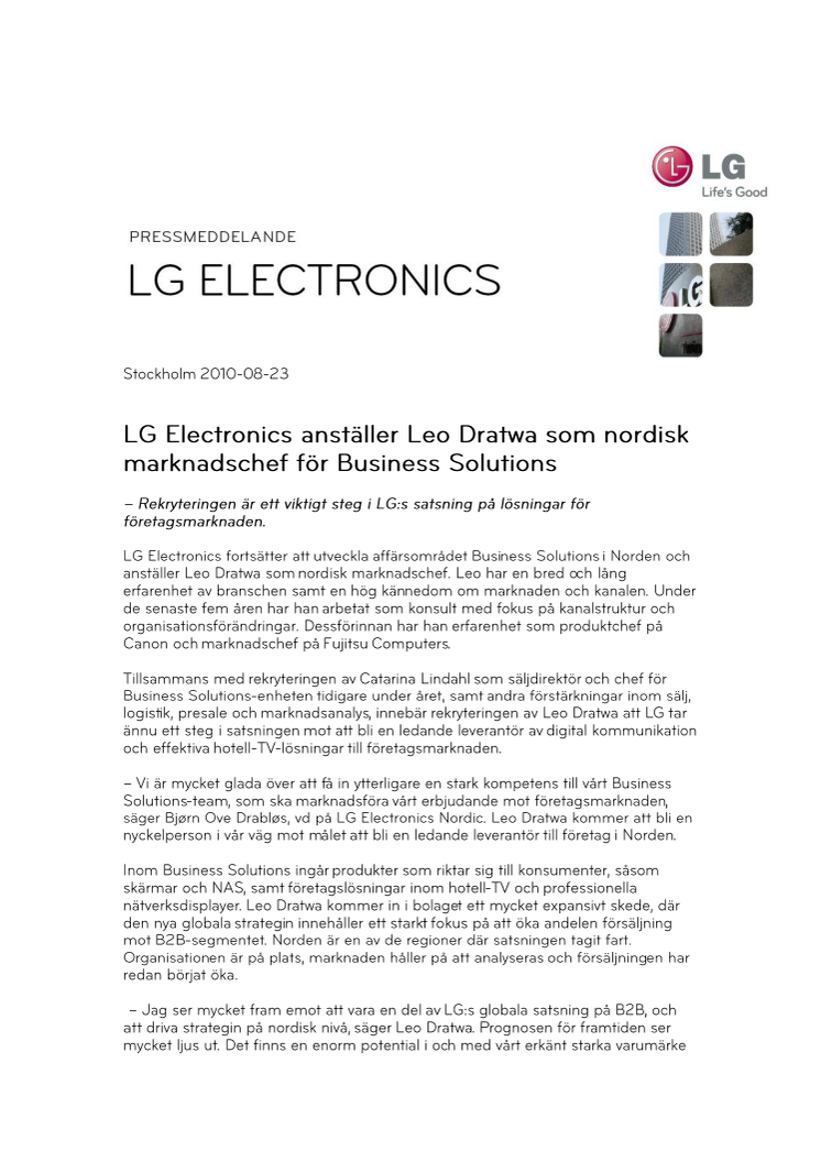 LG Electronics anställer Leo Dratwa som nordisk marknadschef för Business Solutions