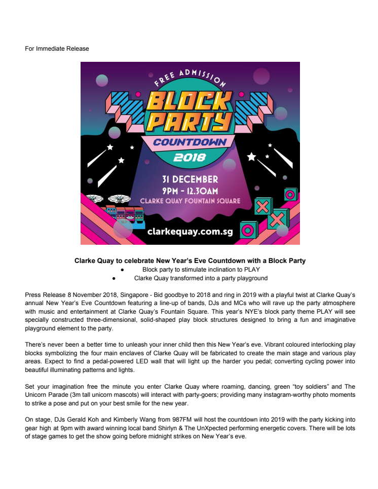 Clarke Quay to celebrate New Year’s Eve Countdown with a Block Party