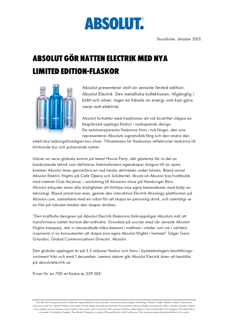 Absolut gör Natten Electrik med Nya  Limited Edition-flaskor