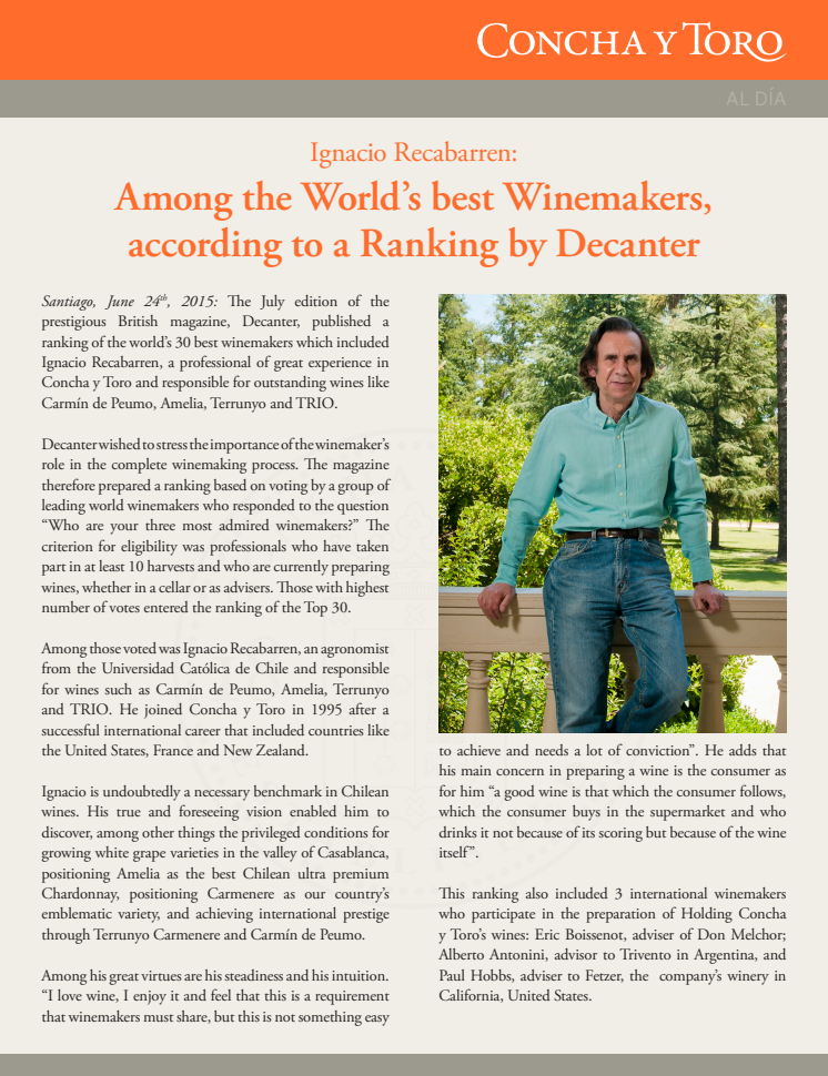 Concha y Toro:s vinmakare utsedd till en av världens bästa