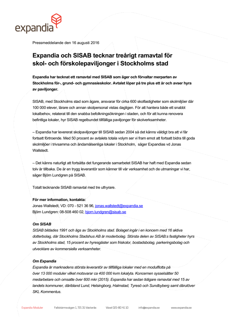 Expandia och SISAB tecknar treårigt ramavtal för  skol- och förskolepaviljonger i Stockholms stad