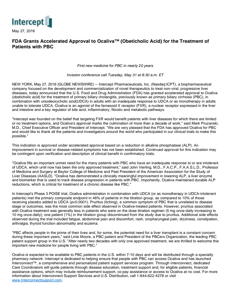 FDA Grants Accelerated Approval to Ocaliva™ (Obeticholic Acid) for the Treatment of Patients with PBC