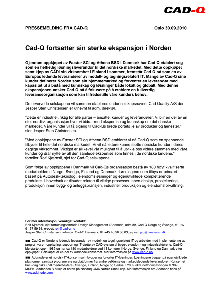 Cad-Q fortsetter sin sterke ekspansjon i Norden