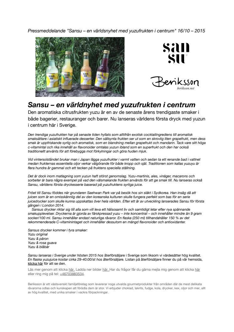 Sansu – en världsnyhet med yuzufrukten i centrum