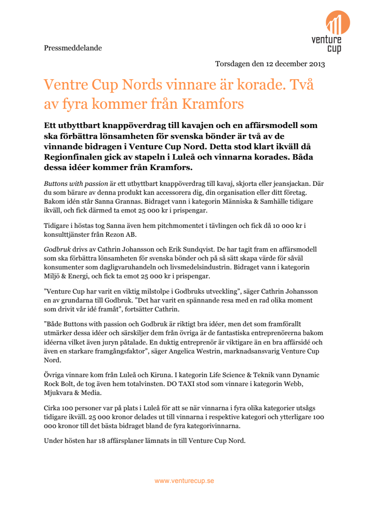 Venture Cup Nords vinnare är korade. Två av fyra kommer från Kramfors